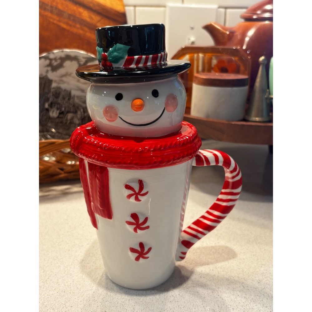 Burton + Burton Peppermint Snowman Ceramic Mug with Lid 2007 Christmas Holiday